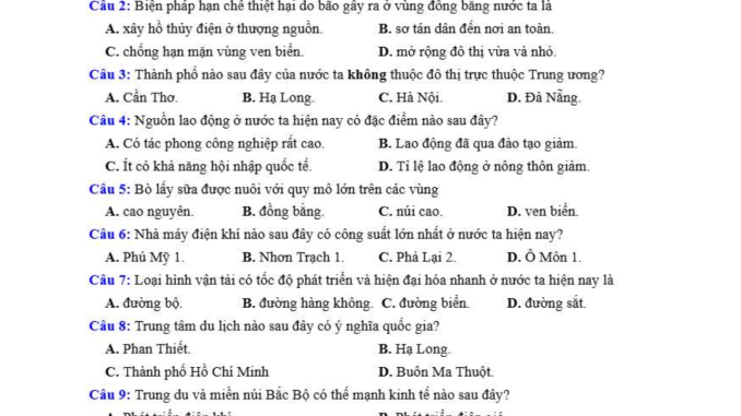đề thi thử thpt môn địa lý Nguyễn Huệ Nam Định