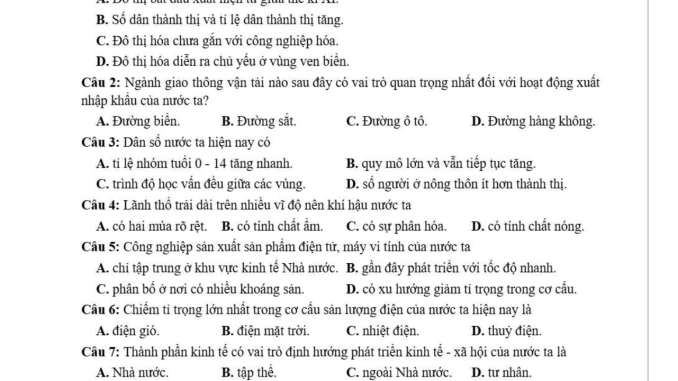 đề thi thử thpt môn địa lý Sở Hà Nội