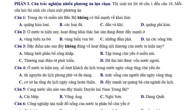 đề thi thử thpt môn địa lý Sở Vũng Tàu