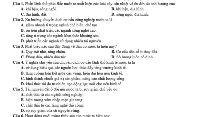đề thi thử thpt môn địa lý tỉnh Bắc Ninh