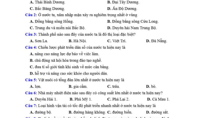 đề thi thử thpt môn địa lý tỉnh Phú Thọ